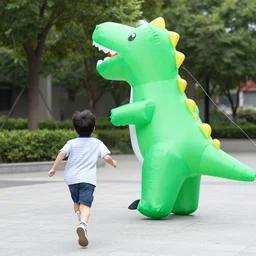 boy running away from inflatable dinosaur costume