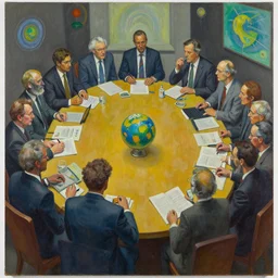 oil on masonite painting by aaron douglas of a psychedelic conference of scientists / professors / researchers, high detail