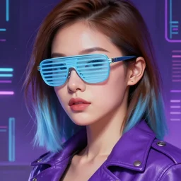 very detailed masterpiece closeup painting of a very beautiful young indonesian cyberpunk woman with light blue shutter shades, one side haircut, brown hair with light blue ends, purple leather jacket, beauty mark on cheek, portrait, synthwave background, artstation, concept art by greg rutkowski