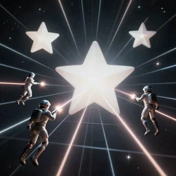 futuristic spacemen firing lasers in zero gravity, skintight suits, floating, floating white star - shaped obstacles, surrounded by a laser grid, unreal engine, lensflares, low perspective