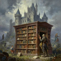 a moving library, by greg rutkowski e thomas kinkade, fantasy, howl castle, d & d, very detailed, high definition, realistic painting, character design, trending on artstation