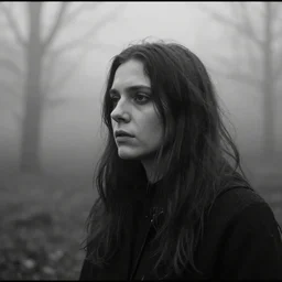 still from a homemade video of some horrors thomas ligotti has described, she listens to prurient, photo, black and white, the background is unsafe, insanely detailed, foggy like in norwegian black metal aesthetic