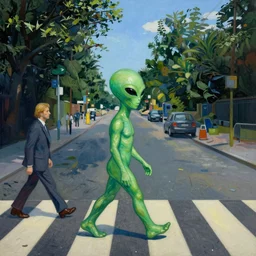 green alien walking on abbey road, van gogh style painting