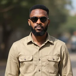 afrikaans man with beard wearing sunglasses and khaki shirt