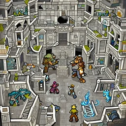 a giant room with bright white walls, a large hole in the middle of the room two golems fighting a three small adventurers, a dragonborn and a water elemental, fantasy, digital art