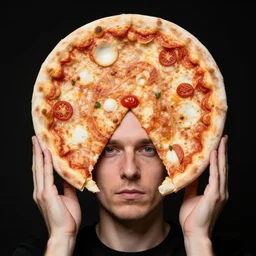 portrait of man with a rare medical condition making the head flay and circular like a pizza, head looks exactly like a pizza, doughy skin with white pores, blemishes look like tomatoes, soft lighting, sharp focus, highly symmetrical, black background, masterpiece by morten krogvold