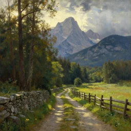 oil painting of medieval forest path in dawn by anders zorn, wonderful art by greg rutkowski, incredible lighting, shadows, beautiful cinematic light, american romanticism by greg manchess, tall rocky mountains and storm clouds, sun rays, sunshine, bright sunny summer day, stone walls and wooden fences, meadow