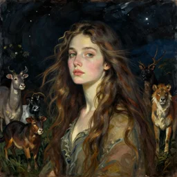 A beautiful experimental art of a woman with long flowing hair, wild animals, and a dark, starry night sky.  by Balthus quiet