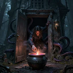 dark magician conjures over a vat with a potion, location of a dark old house, a monster with tentacles climbs out of the door, peter mohrbacher style, ray tracing, cinematic, digital art, realistic,