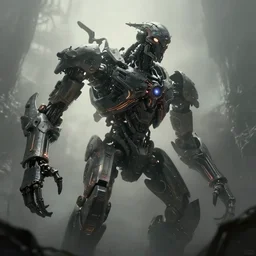 low angle view of a mechanical creature of horizon forbidden west horizon zero dawn in the style of tron legacy, concept art, desaturated, cinematic, darksynth, illuminated lines, outrun, ominous, unsettling, octopath traveler, unreal engine 5 highly rendered, dramatic lighting, beautiful specular illumination, misty, volumetric fog, 8 k