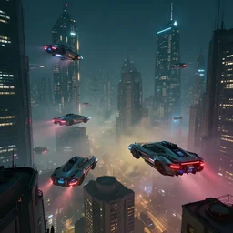 cyberpunk city at night with futuristic flying cars, foggy, detailed, hyper realistic, unreal 4, cgsociety, artstation, by feng zhu