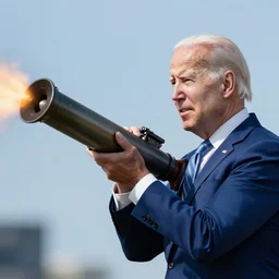 Joe Biden shooting a rocket launcher, 8k, photorealistic, ultra high detail
