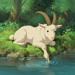 a rough digital painting of a satyr with furry goat legs lounging next to a river with a finger in the water in the forest, digital painting, fantasy, studio ghibli environment, overhead canopy