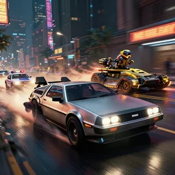 photo of a vehicle concept design delorean being chased by police on wet cyberpunk city streets at night, rocket league tank, mad max, action, speed, volumetric lighting, hdr, gta 5, makoto shinkai, syd mead, borderlands, fast and furious, octane, 8 k