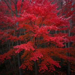 a forest with back trees that have vibrant red leaves