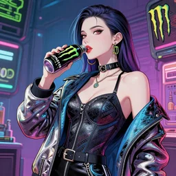girl drinks monster energy, elegant, sophisticated, fashionable cyberpunk gravure idol, an ultrafine hyperdetailed illustration by kim jung gi, irakli nadar, intricate linework, bright colors, porcelain skin, unreal engine 5 highly rendered, fashion photography, global illumination, radiant light, detailed and intricate environment