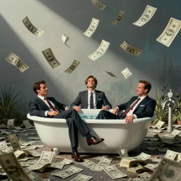 vaporwave glitchy corrupt jpeg of corrupt businessmen bathing in money