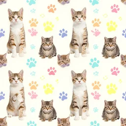 seamless looping design of kittens on multicoloured paw print background
