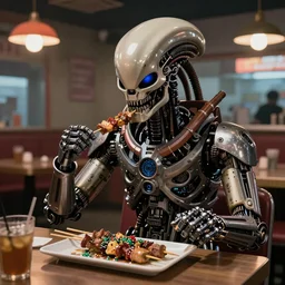 A sophisticated terminator with borg implants and lots of components sitting in a retro cafe and eating kebabs made of electronics. Highly detailed 8k. Bloom, cinematic post-processing