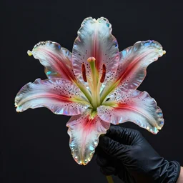 detailed surreal prism lily by chris wood, holden in a hand in a glove, stunning, deep colors, caustics, 4 k photo, featured on behance