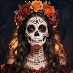 Illustration of a sugar skull day of the dead girl, art by gustave dore