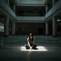 woman sitting alone in a derelict mall. the room is dark with only a pit of light shining on her. 4k hyperrealistic. Cinematic shot