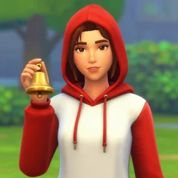 a person wearing a red hood and holding a bell in sims 4 screenshot