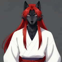 award winning portrait of a male anthropomorphic anime black wolf long red hair. artstation, artistic lighting, highly detailed, photorealistic, fantasy