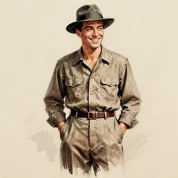 confident, smiling 1 9 3 0 s man in full figure with his hands in his pockets. dark hair, hat, shirt. fashion drawing