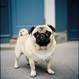 a dog like a pug or shiba inu in wallace and gromit, cinestill 800t