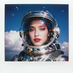 analog polaroid portrait of a beautiful woman wearing a chrome space helmet, bright red lipstick, Hajime Sorayama, sheen, red reflections, unreal engine, azure sky, big clouds visible, sunlight, reflection, sparkles, space, stars, nebula, lensflare, film grain, depth of field, color bleed