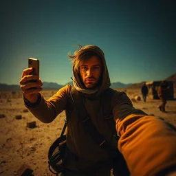 last selfie on earth, post apocalyptical, cinematic, dramatic lightig