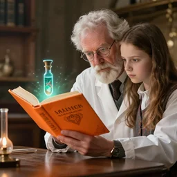 a kind old British scientist is teaching his protégée about alchemy and magic from a mysterious orange book. The book has a glowing vial 🧪 on the cover.