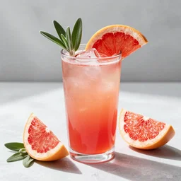 detailed artistic layout, theme of sunlight shining through a red and pink gradient drink with grapefruit wedges and sage in hexagonal glass on a white table, style of expressive, powerful