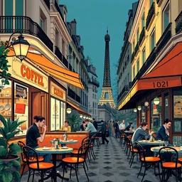 beautiful illustration of a french coffee and brasserie in paris, by ( victo ngai ), by jesper ejsing, by james jean, by rossdraws, ( frank franzzeta ), mcbess