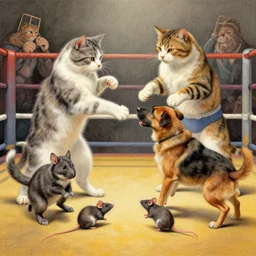 cats fighting dogs and rats in a boxing match, detailed drawing, masterpiece