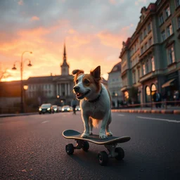 a dog on a skateboard, riding the streets of prague at sunset