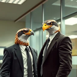 1 9 8 0 s bruce willis from die hard is meeting an an anthropomorphic falcon wearing a business suit, inside an office building.