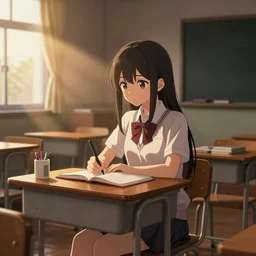 high school girl sits in a cozy school classroom at night - 3 d dramatic cozy poster by wlop and okuda genso. featured on pixiv, anime aesthetic. pixiv, warm aesthetic, rays of light, volumetric light, artstation, vanitas, official art, gothic, noise film photo. octane render, redshift render, ue 4