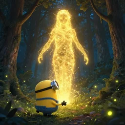 a Minion lost in the woods encounters a gigantic glowing golden manifestation of the spirit of the forest at night, with fireflies. Jordan Grimmer. Geoffroy Thoorens