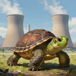 Highly detailed beautiful digital painting of half turtle half nuclear power plant, turtle and power plant hybrid trending on Artstation HQ, deviantart