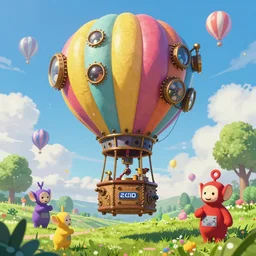 one steampunk hot air balloon, digital artwork by ellerslie floating over a grassy lovely place known as teletubbyland, magical, brightsky, colorful, fantastic lighting, amazing details, 4 k uhd, illustration by hayao miyazaki artstation, pixiv, pixels