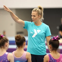 blonde ymca gymnastics coach with aquamarine t shirt with y logo on it teaching kids gymnastics, high detail, good lighting