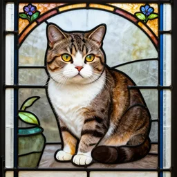a british shorthair cat depicted in stained glass