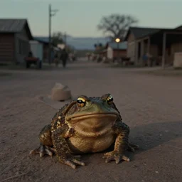 a toad in a cowboy hat, in a dusty old western street at dusk, movie screenshot directed by Sergio Leone. Shot from a high angle. Cinematic. 24mm lens, 35mm film, Fujifilm Reala, f8