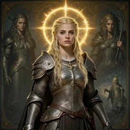 Elisha Cuthbert as a Elden Ring paladin masterpiece, golden halo behind her head, art nouveau, by Edgar Maxence and Ross Tran, distaw Beksinski, and Michael Whelan, distant, gustav dore, H.R. Giger, 8k, octane render