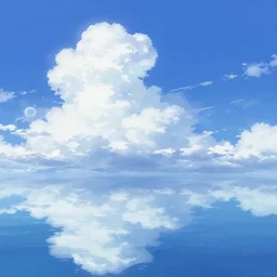 anime blue sky with clouds reflected on water plane