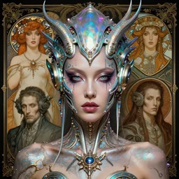 hyperrealistic detailed portrait of a beautiful goddess in an iridescent cyber headdress, intricate cyberpunk make - up, art by android jones, john william godward, nekro borja, alphonso mucha, h. r. giger, ornamental gothic - cyberpunk,