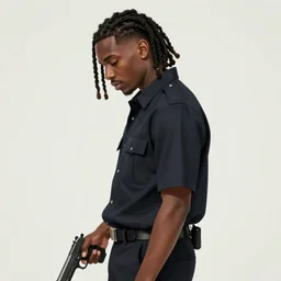young busta rhymes!! wearing uniform, dreadlocks, holding pistol at side, side view, looking down | | audrey plaza, fine detail!! anime!! realistic shaded lighting!! poster by ilya kuvshinov katsuhiro otomo ghost - in - the - shell, magali villeneuve, artgerm, jeremy lipkin and michael garmash and rob rey