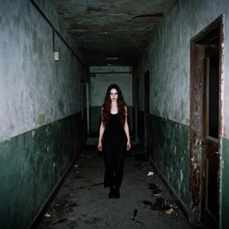 Photograph of an abandoned 1940s long hallway with Samara from the movie the ring, dark, no lights, moist, taken using a film camera with 35mm expired film, bright camera flash enabled, award winning photograph, creepy, liminal space